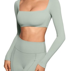 Womens Square Neck Long Sleeve Crop Top Workout Athletic Yoga Basic Tee Bandeau Fitted T-Shirt with Built in Bra