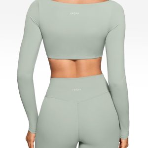Womens Square Neck Long Sleeve Crop Top Workout Athletic Yoga Basic Tee Bandeau Fitted T-Shirt with Built in Bra