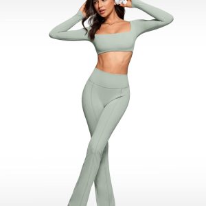 Womens Square Neck Long Sleeve Crop Top Workout Athletic Yoga Basic Tee Bandeau Fitted T-Shirt with Built in Bra