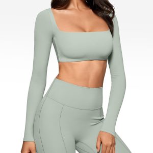 Womens Square Neck Long Sleeve Crop Top Workout Athletic Yoga Basic Tee Bandeau Fitted T-Shirt with Built in Bra