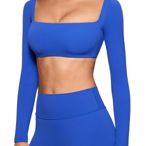 Womens Square Neck Long Sleeve Crop Top Workout Athletic Yoga Basic Tee Bandeau Fitted T-Shirt with Built in Bra