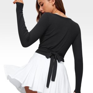 Womens V-Neck Long Sleeve Cross Wrap Top Slim Fit Soft Knit Layering Shirt Casual Yoga Gym Bandage Tie Tops