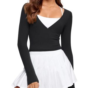 Womens V-Neck Long Sleeve Cross Wrap Top Slim Fit Soft Knit Layering Shirt Casual Yoga Gym Bandage Tie Tops